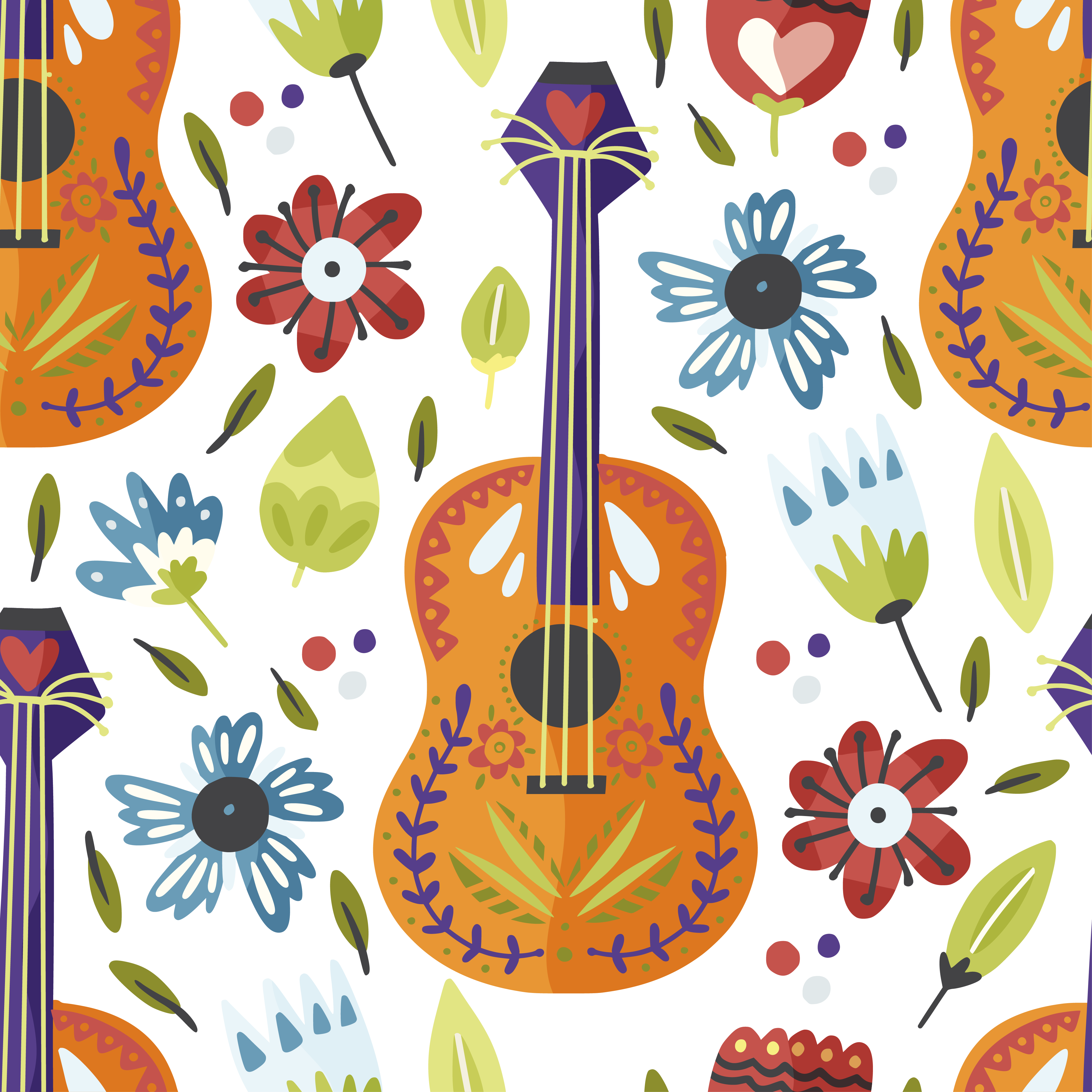 Çiçekli Gitar ve Kalp Motifi