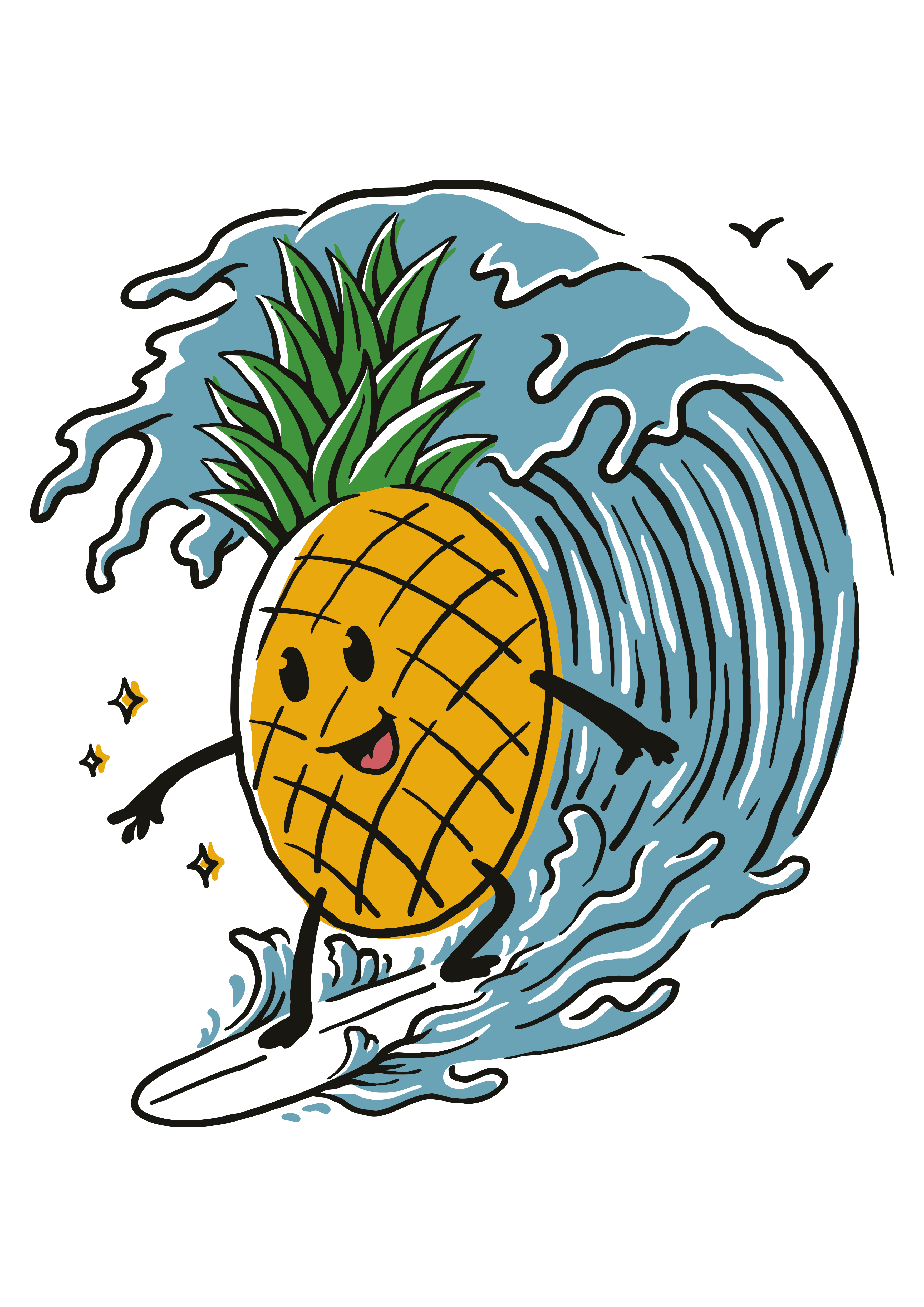 Sörf Yapan Karikatür Ananas Tasarımı