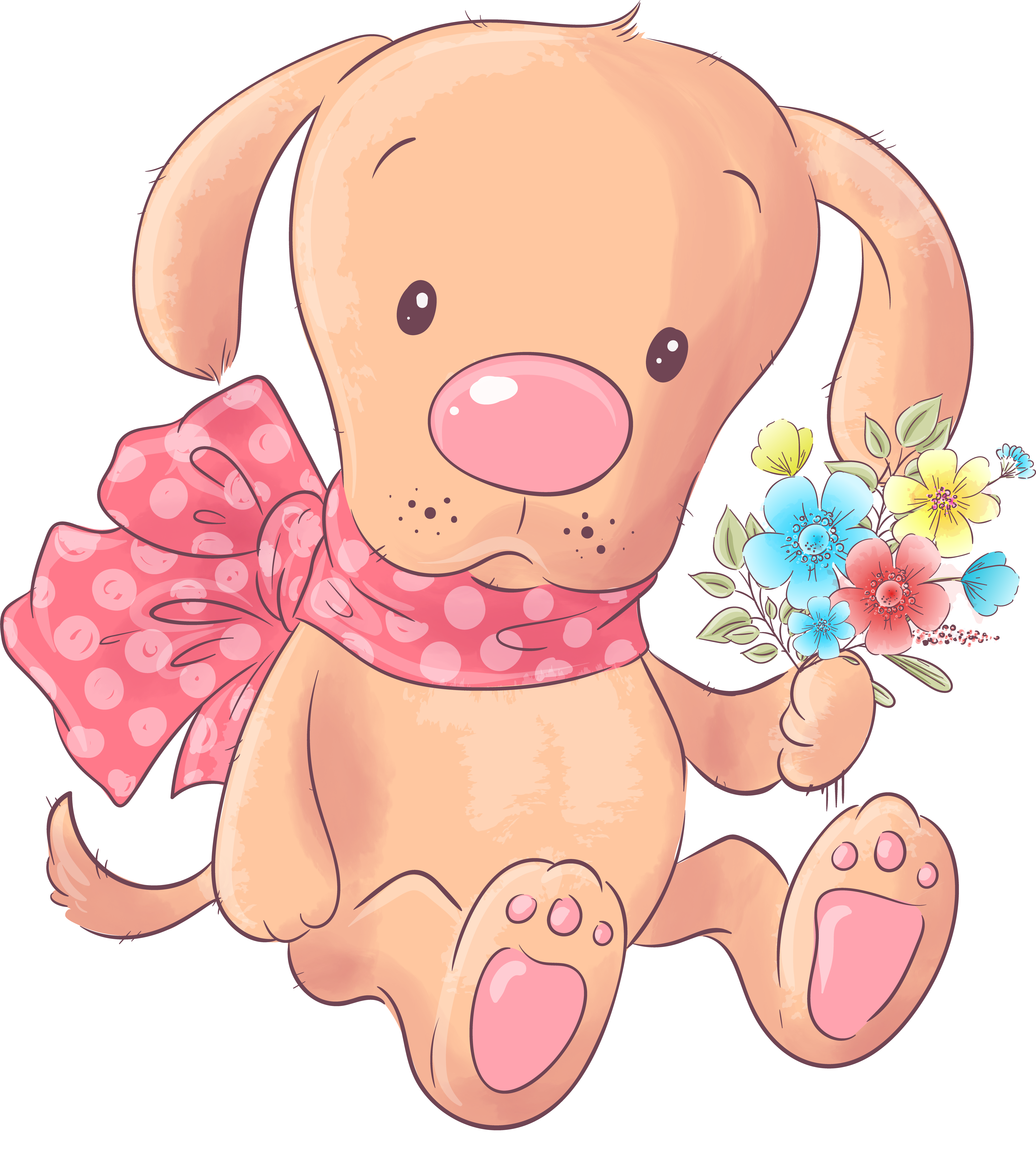 Pembe Yaylı Sevimli Köpek Çiçek Tutan