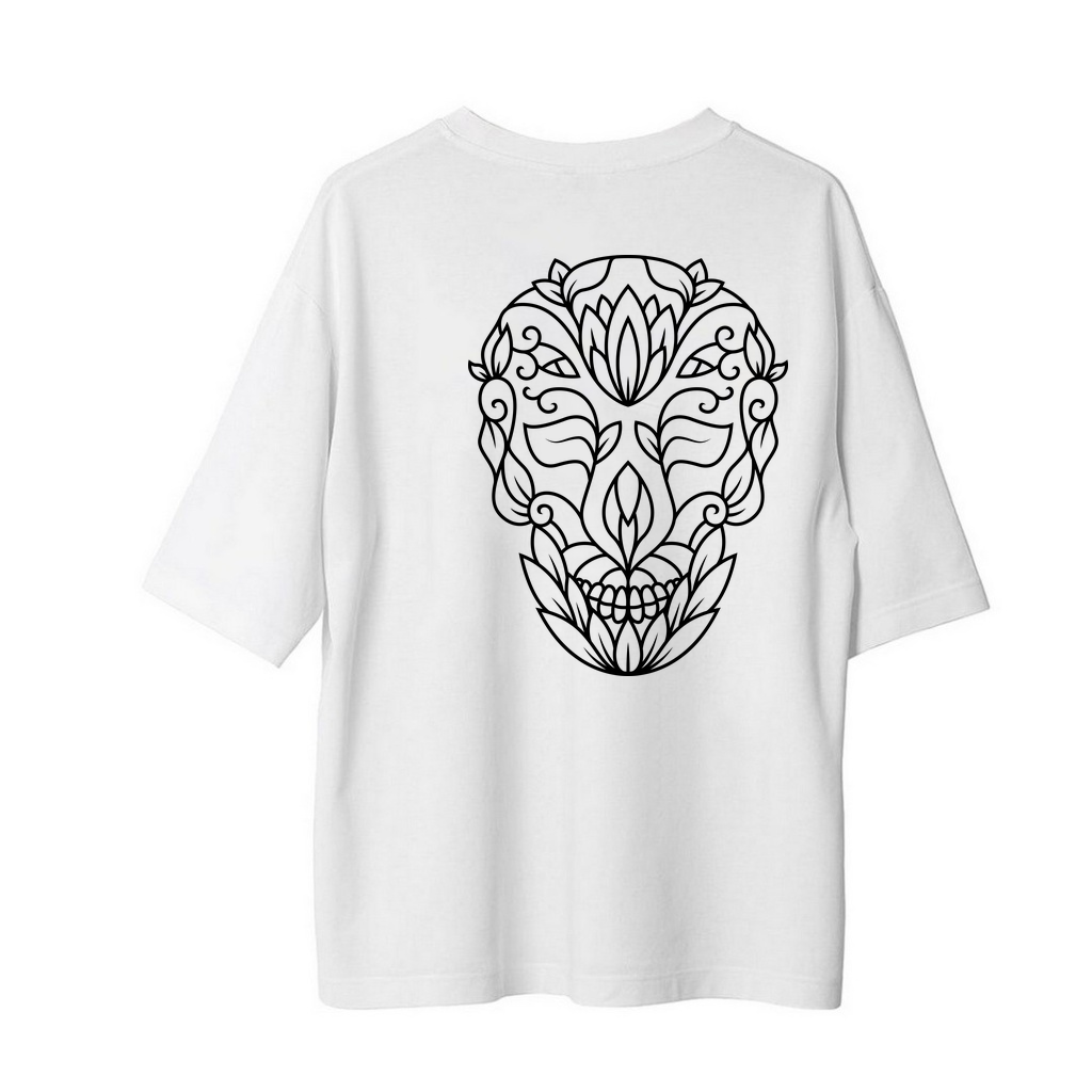 Tribal Girdaplı Kafatası Sanatı Baskılı Erkek Oversize Tişört