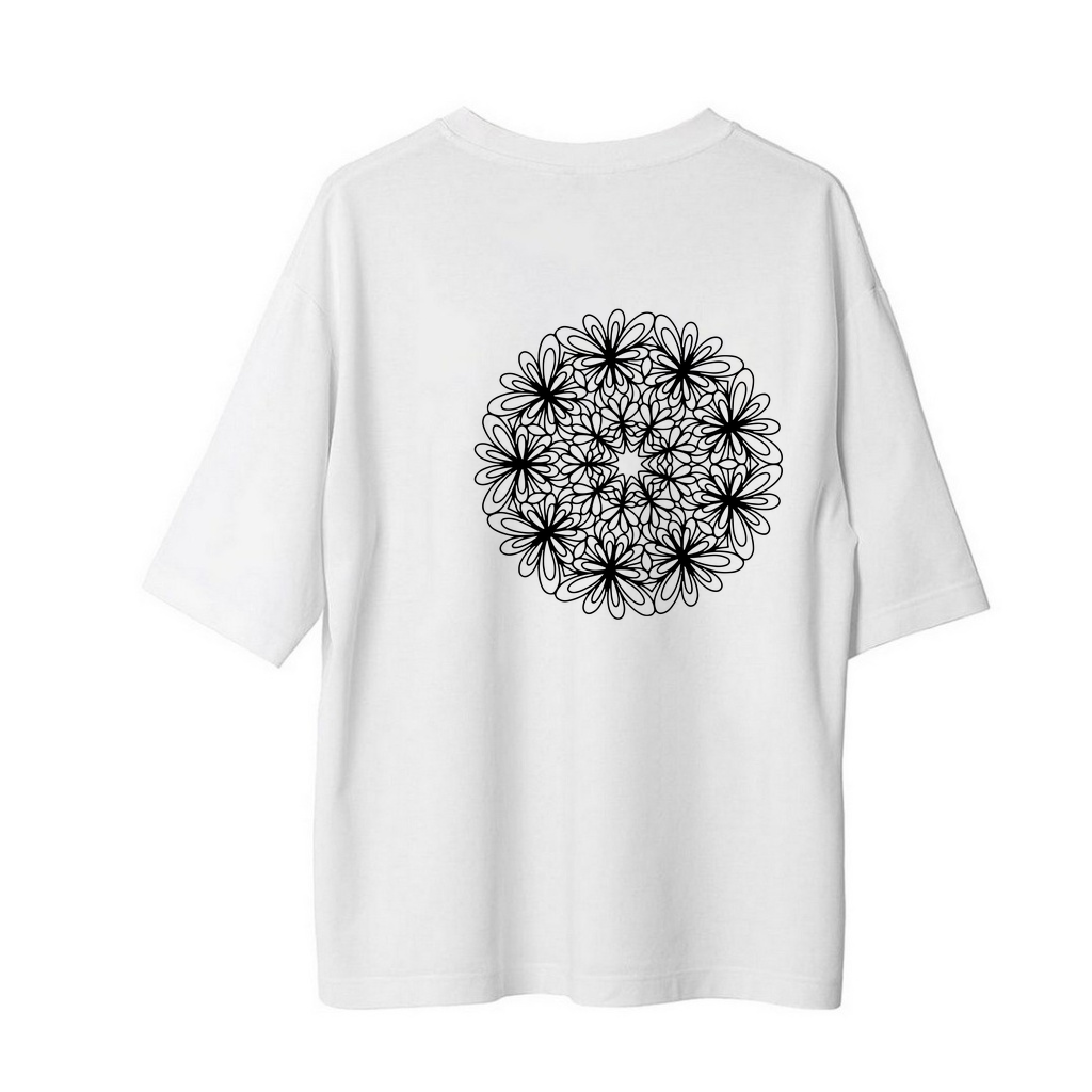 Çiçek Mandala Merkezli Yıldızlı Baskılı Kadın Oversize Tişört