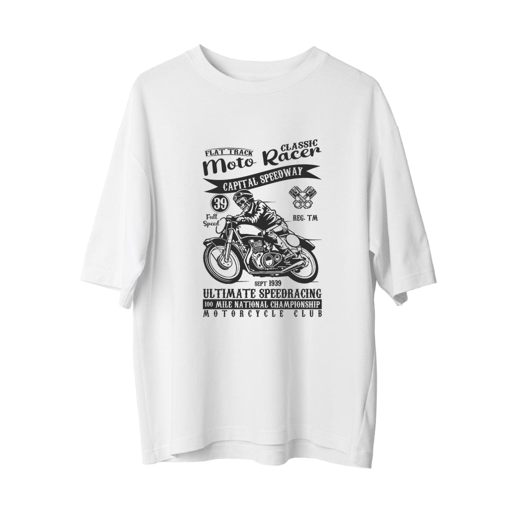 Flat Track Moto Yarış Klasik Baskılı Erkek Oversize Tişört