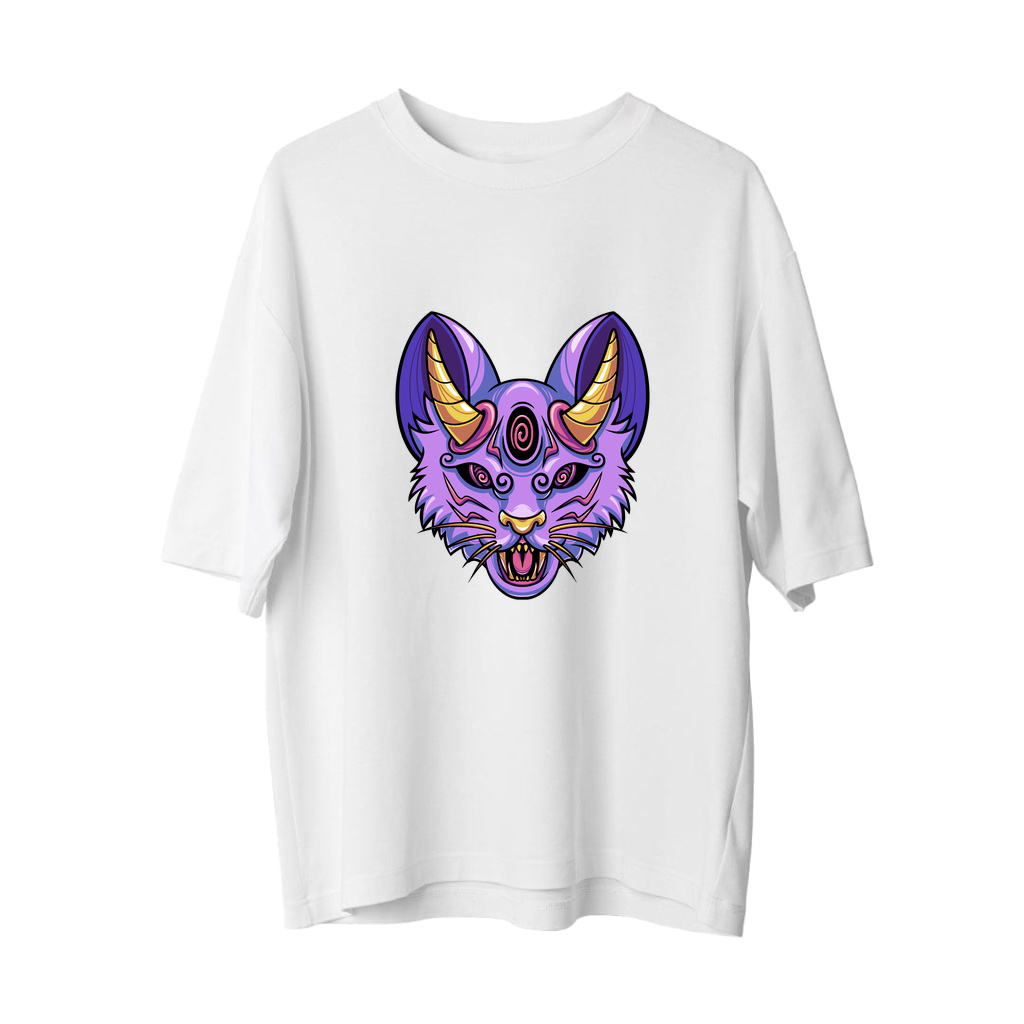 Mor Kedi Altın Boynuzlar Fantastik Baskılı Erkek Oversize Tişört
