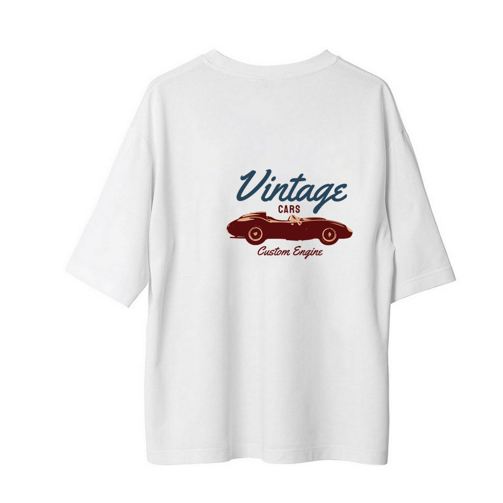 Vintage Arabalar Özel Motor Baskılı Kadın Oversize Tişört
