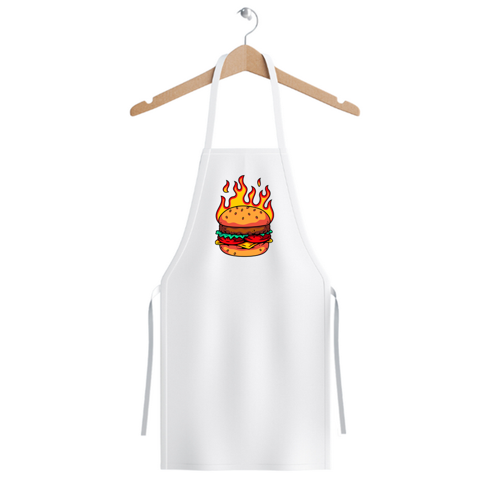 Alevler İçinde Lezzetli Burger Sanatı Baskılı Unisex Mutfak Önlüğü