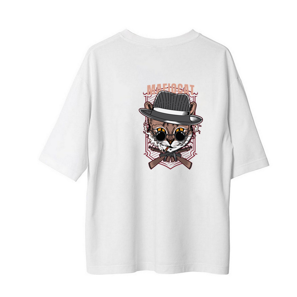 Mafia Kedisi Retro Tasarımı Baskılı Kadın Oversize Tişört