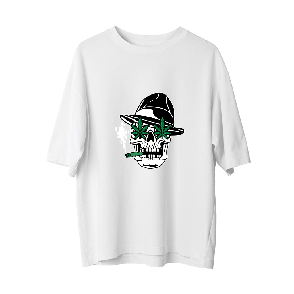 Fedora Kafası Cannabis Motifi Baskılı Kadın Oversize Tişört