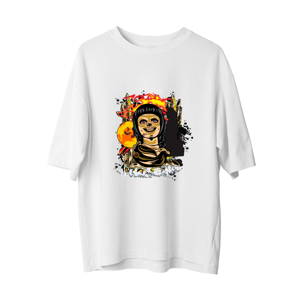Goth İskelet Kadın Kızıl Gözlü Baskılı Kadın Oversize Tişört