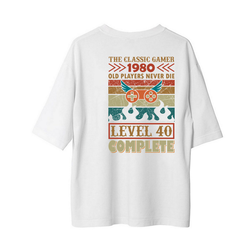 Klasik Oyuncu 1980 Level 40 Baskılı Erkek Oversize Tişört