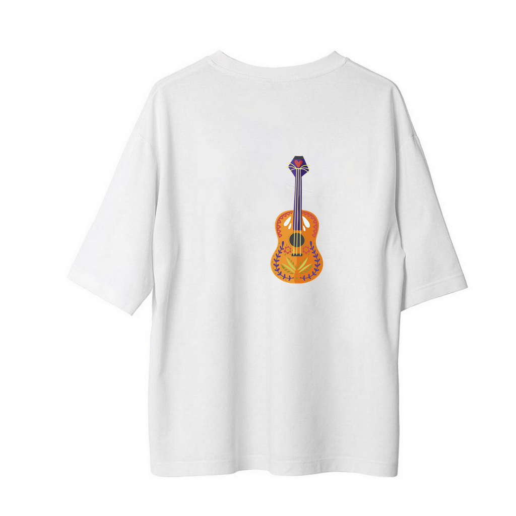 Çiçek ve Geometrik Desenli Gitar Baskılı Kadın Oversize Tişört