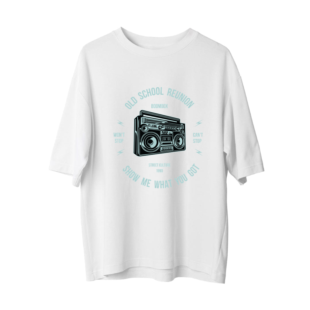 Eski Okul Boom-Box Müzik Nostalji Baskılı Erkek Oversize Tişört