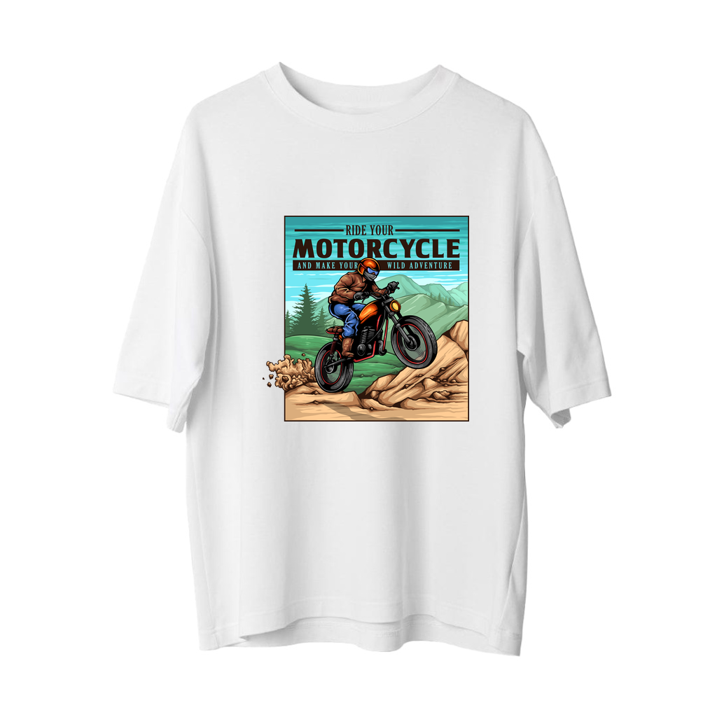 Motosiklet Macerası Sloganlı Baskılı Erkek Oversize Tişört