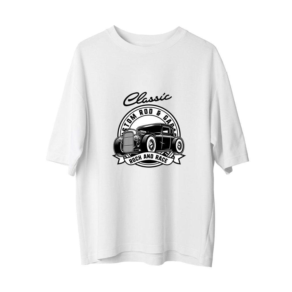 Klasik Araba Kültürü Gaz Gaz Baskılı Erkek Oversize Tişört