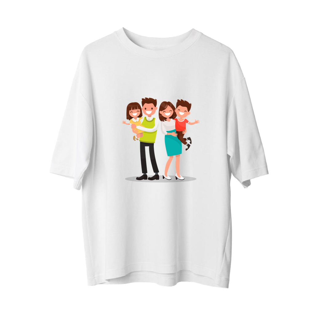 Aile Sevgisi Renkli Cizgi Baskılı Erkek Oversize Tişört