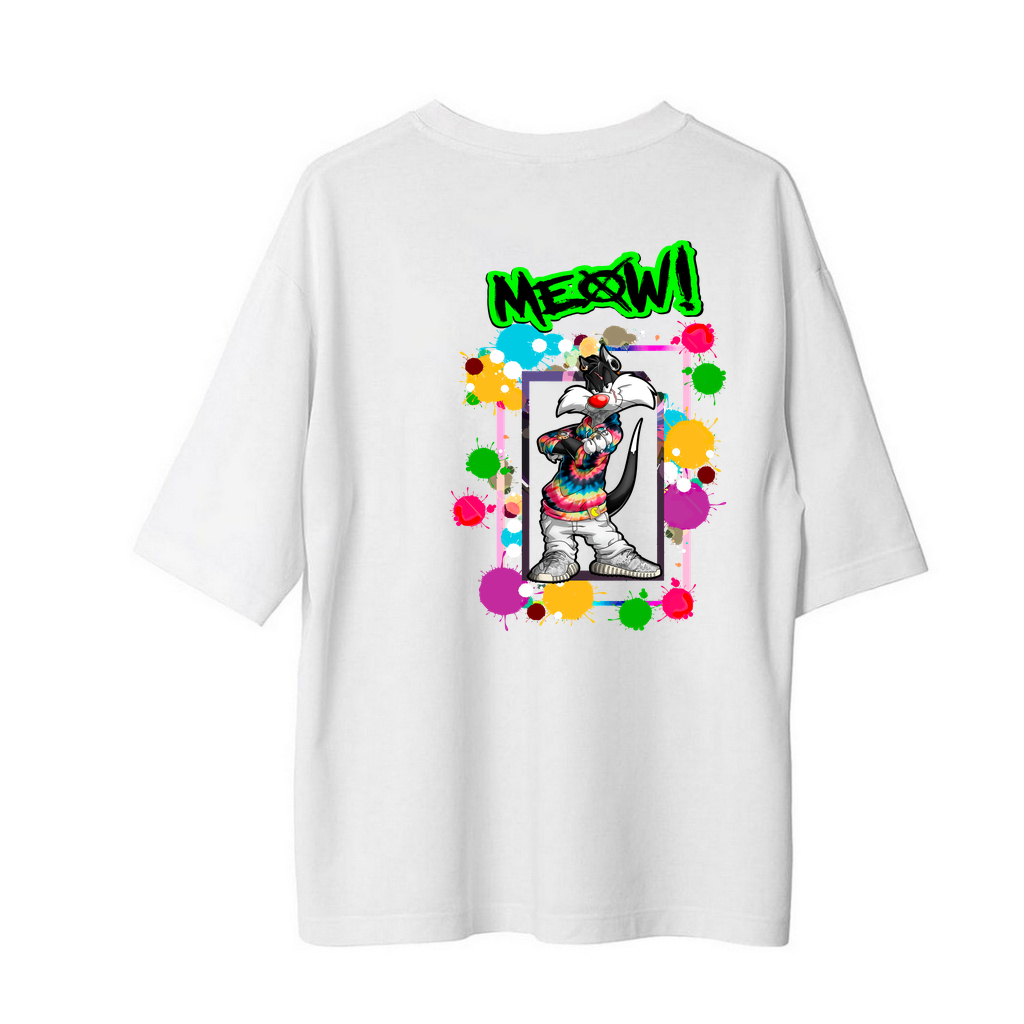 Retro Kedi Meow Tasarımı Baskılı Erkek Oversize Tişört