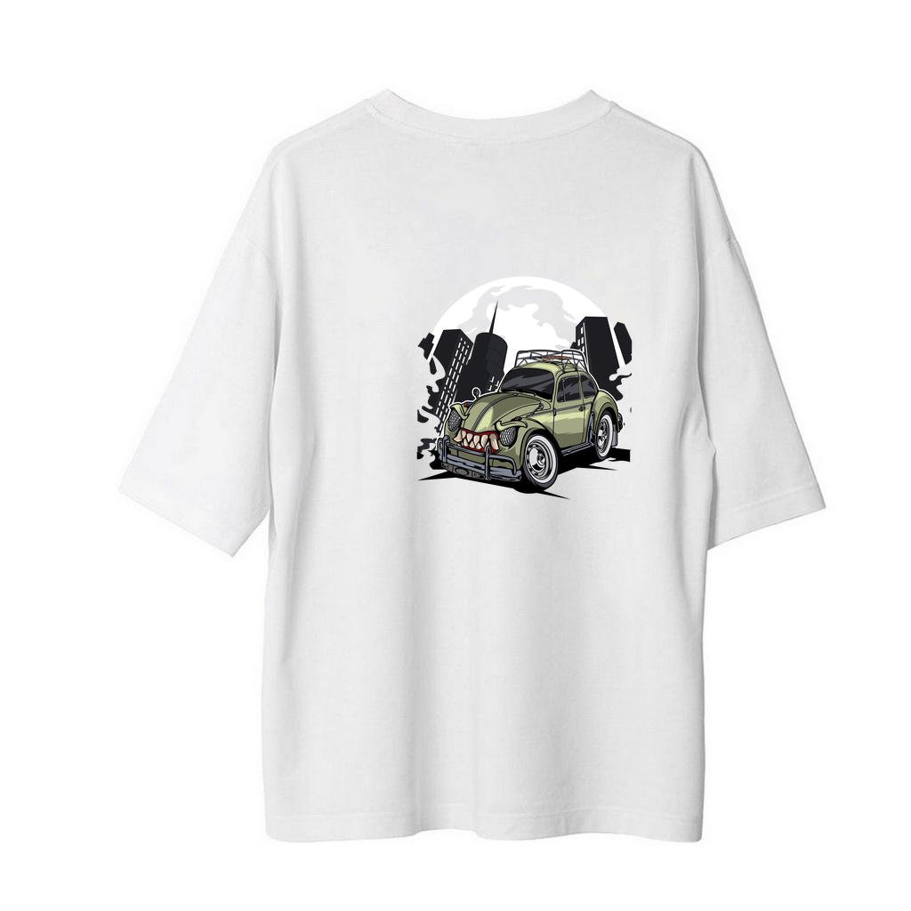 Vintage Beetle Araba Diş Dumanı Baskılı Erkek Oversize Tişört