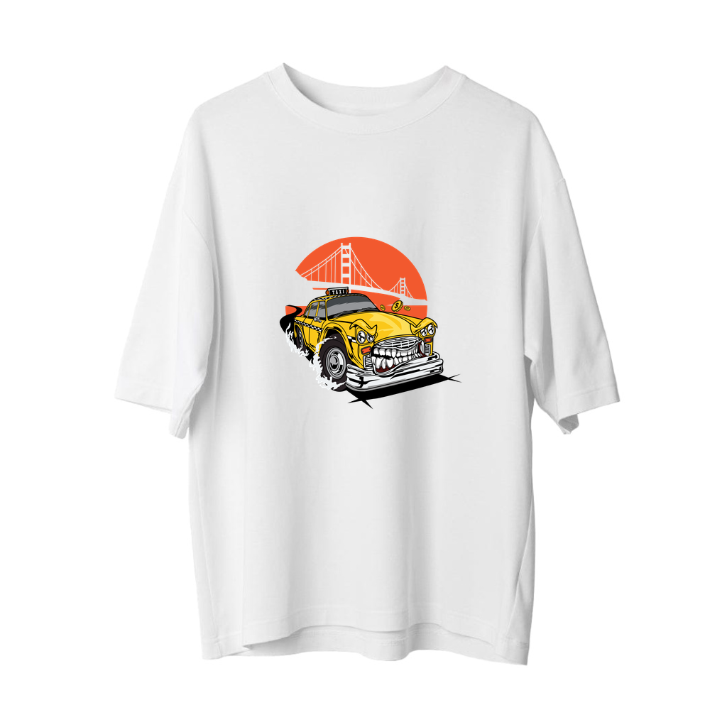 Klasik Taksİ Çizgi Sanatı Baskılı Kadın Oversize Tişört