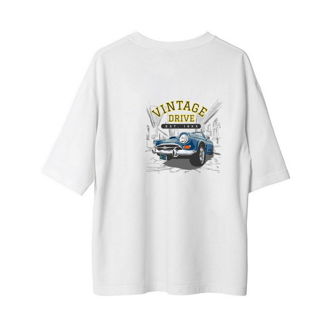 Vintage Sürüş Kuruluşu Baskılı Erkek Oversize Tişört