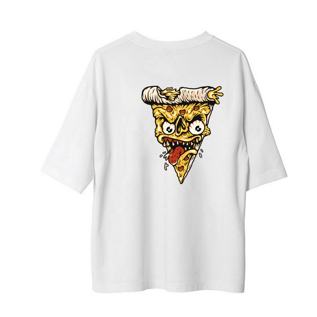 Korkunç Pizza Dilimi Yüz Baskılı Erkek Oversize Tişört