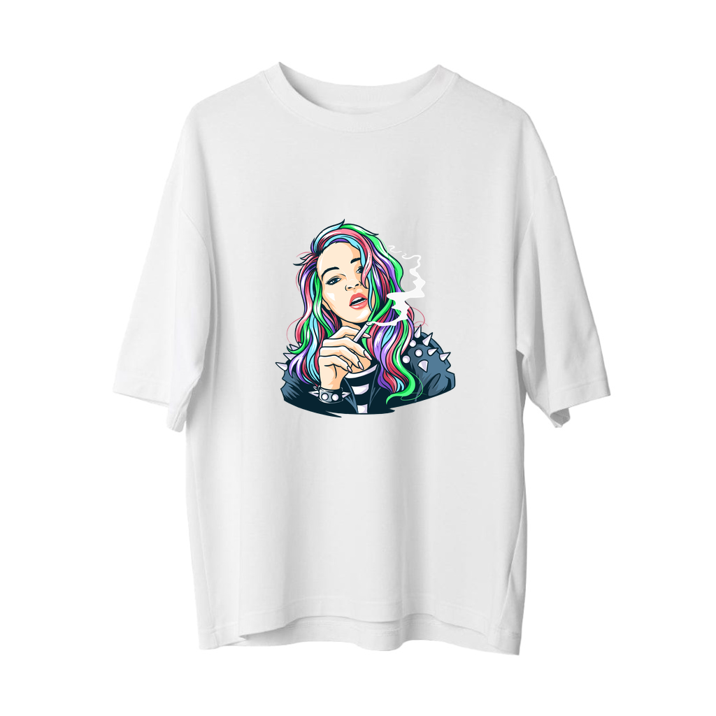 Gökkuşak Saçlı Punk Kadın Baskılı Kadın Oversize Tişört