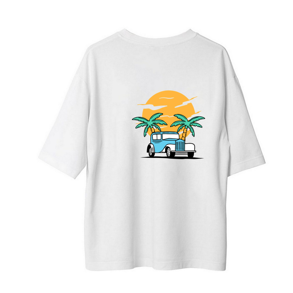 Retro Araba Gün Batımı Baskılı Erkek Oversize Tişört
