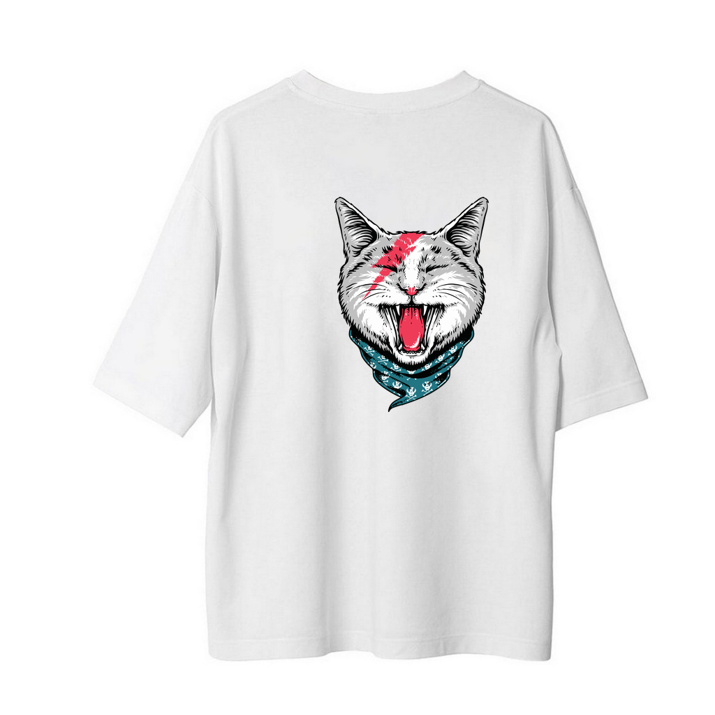 Kedi Kurukafa Bandana Şimşek Baskılı Erkek Oversize Tişört
