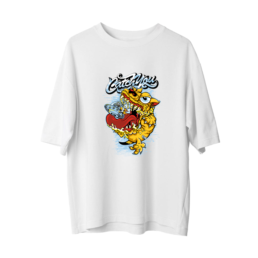 Vintage Canavar Tasarımı Yakalanacak Baskılı Erkek Oversize Tişört