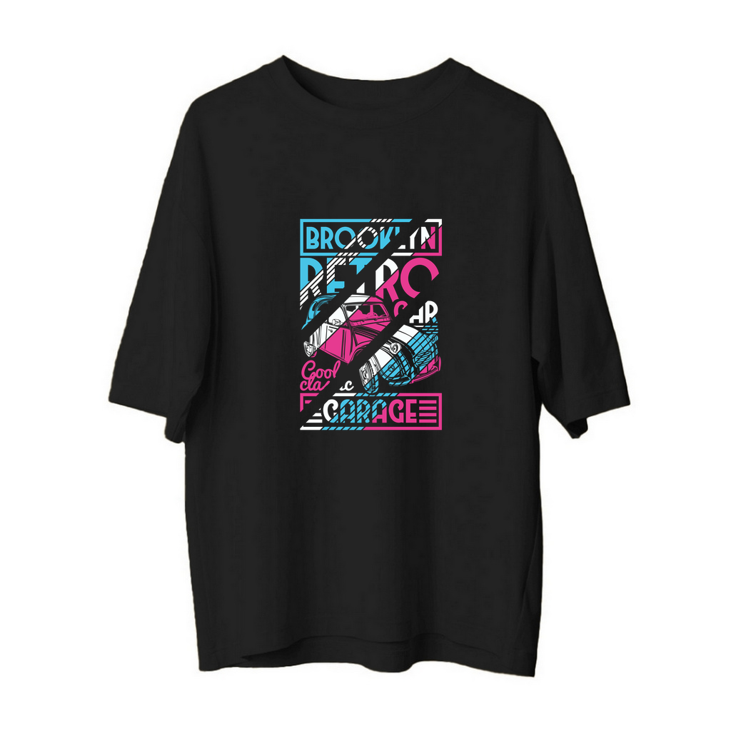 Brooklyn Retro Araba Cool Garaj Baskılı Erkek Oversize Tişört