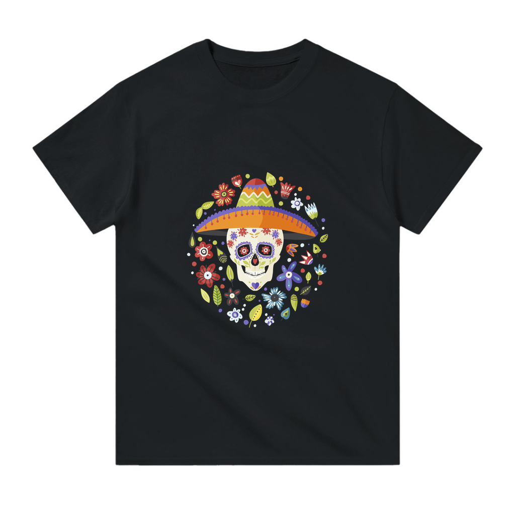 Şeker Kafatası Sombrero Çiçek Desen Baskılı Erkek Tişört
