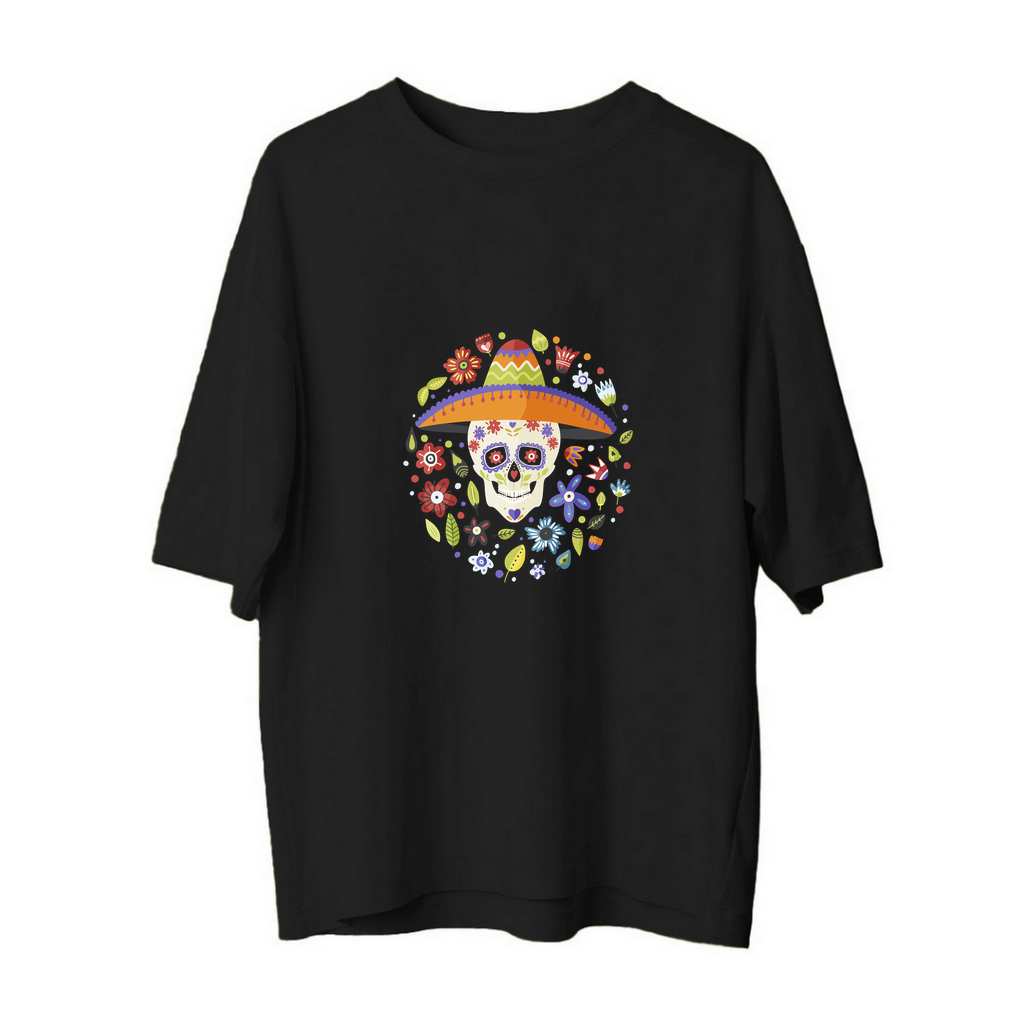 Şeker Kafatası Sombrero Çiçek Desen Baskılı Erkek Oversize Tişört