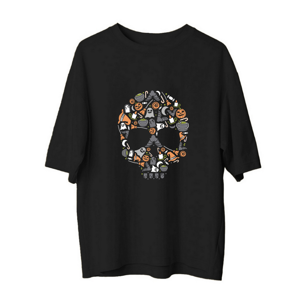 Cadı Şapkalı Kurukafa Halloween Baskılı Kadın Oversize Tişört