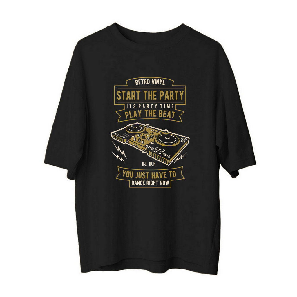 Retro Vinil Parti Zamanı DJ Beat Baskılı Erkek Oversize Tişört