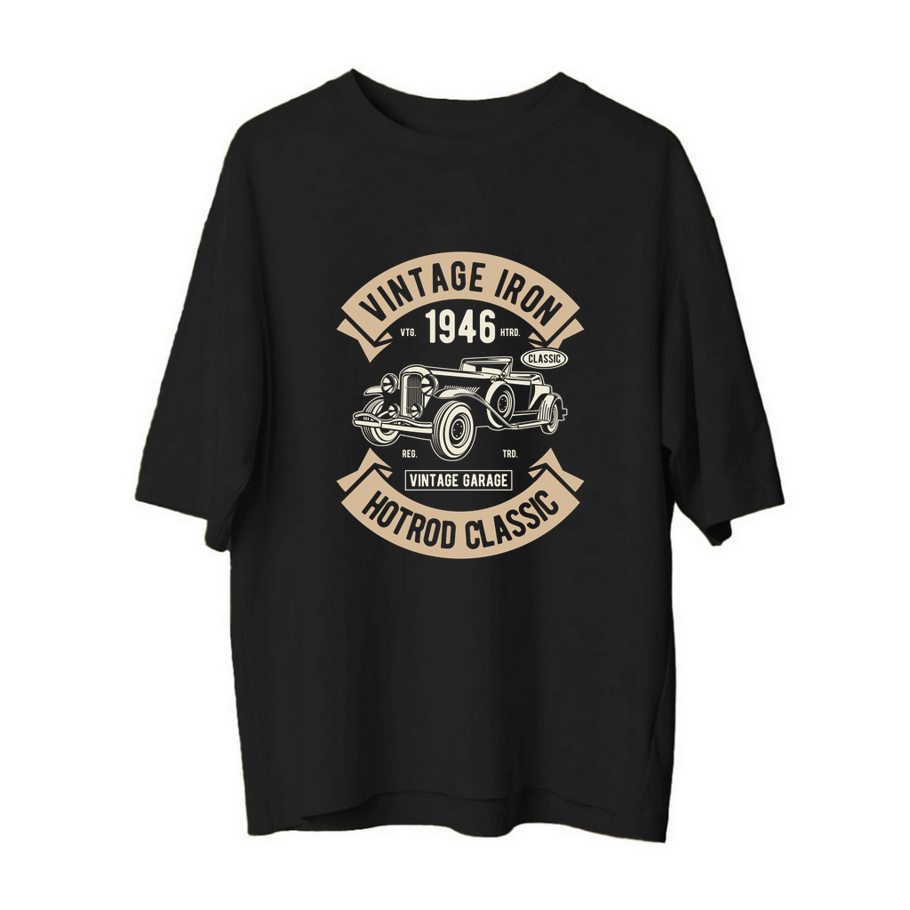 Klasik Vintage Araba 1946 Baskılı Erkek Oversize Tişört