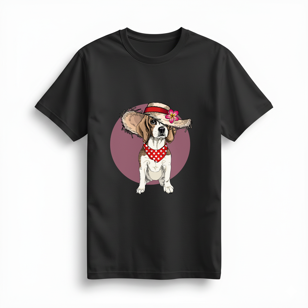 Şapkalı Beagle: Kırmızı Kurdeleli Baskılı Kadın Tişört