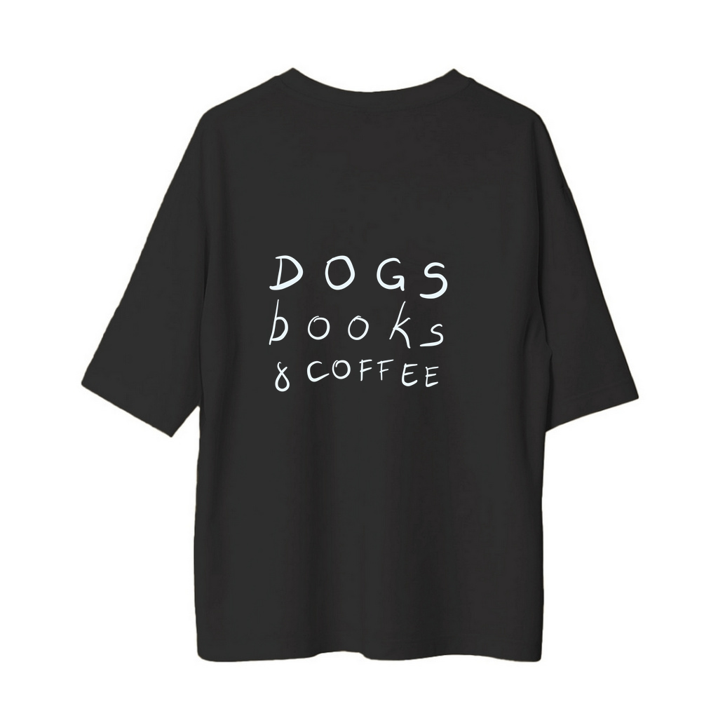 Köpek Lover Kahve ve Kitap Baskılı Erkek Oversize Tişört