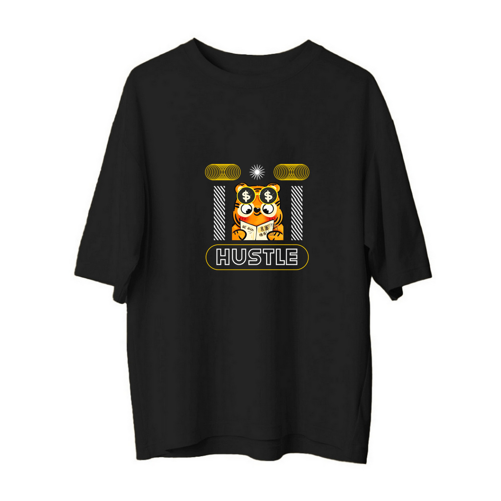 Hustle Motivasyon Tiger Stili Baskılı Erkek Oversize Tişört