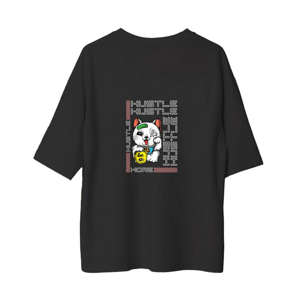 Hustle Motivasyon Kedi Teması Baskılı Erkek Oversize Tişört
