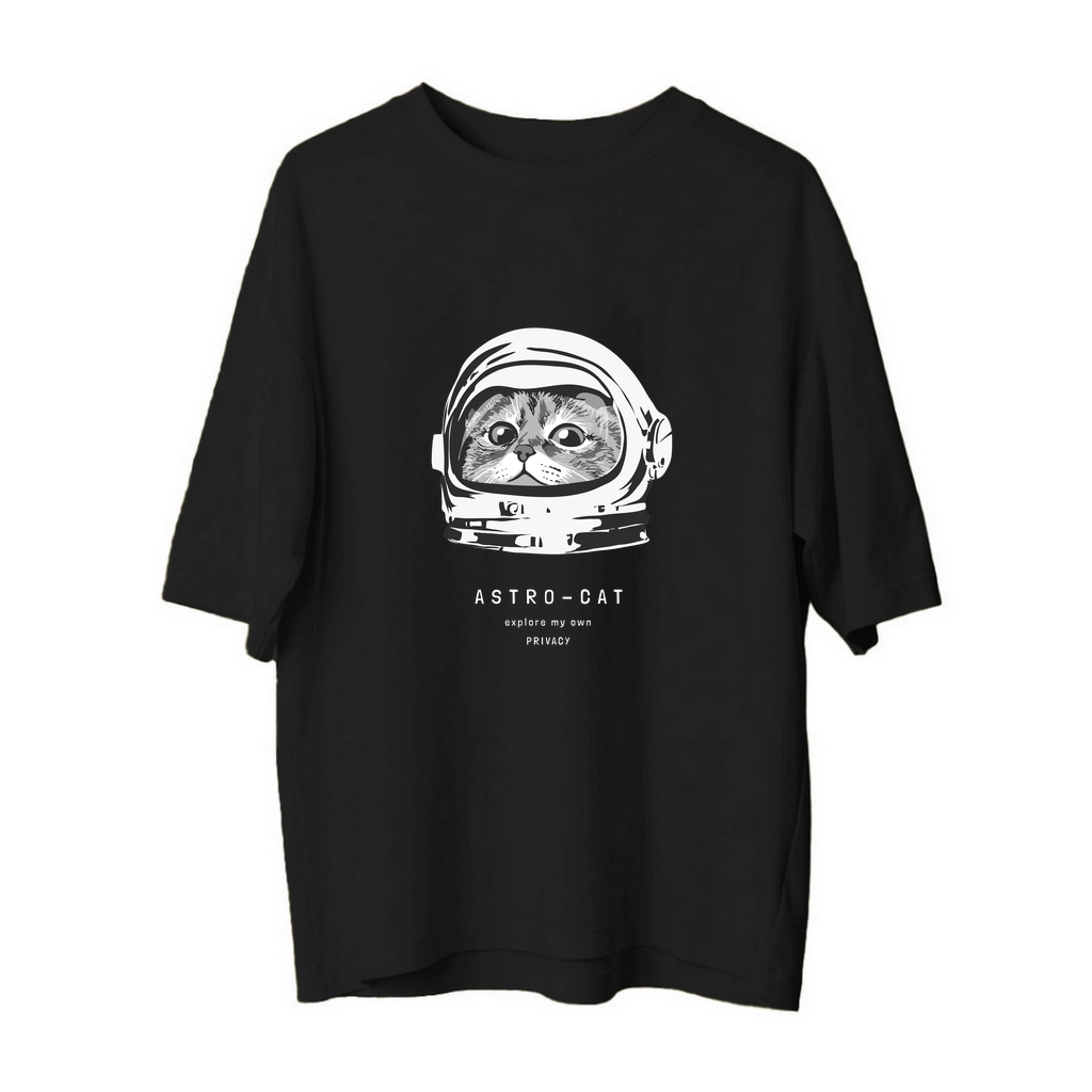 Astronot Kedi Gizlilik Evi Baskılı Kadın Oversize Tişört